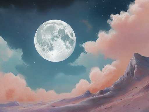 This detailed painting captures a serene night scene dominated by a large, luminous moon positioned slightly to the left of center. The moon, rendered in shades of white and gray, reveals intricate craters and surface details. Surrounding the moon, the sky transitions from a deep blue at the top to a lighter blue near the horizon, interspersed with wispy, pinkish-orange clouds that add a touch of warmth to the cool night palette. Below the moon, the landscape features a series of purple and pink mountains, with the tallest peak on the right side of the image. The mountains appear to be composed of sand or dirt, and their slopes are dotted with small rocks, enhancing the texture and depth of the scene. The overall composition, with its blend of cool and warm hues, creates a tranquil and otherworldly atmosphere.