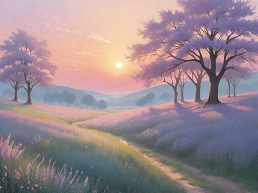 A serene, pastel-toned landscape unfolds under a soft sunset. The main focus is a gently winding path leading through a lavender-filled field, flanked by pale purple cherry blossom trees. Distant rolling hills fade into a hazy horizon under a warm, glowing sky. The art style is painterly and dreamlike, emphasizing soft gradients and atmospheric perspective.