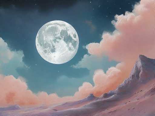 The image depicts a serene night scene with a full moon casting its glow over the landscape below. The sky is painted in shades of pink and blue, dotted with fluffy white clouds that add depth to the scene. In the foreground, there are two mountains - one rocky and one covered in lush green vegetation. The entire scene is rendered in an impressionistic style, characterized by loose brushstrokes and a focus on capturing the overall mood rather than minute details.