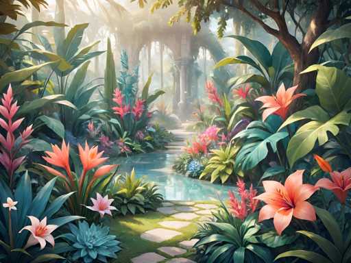 A lush, vibrant tropical garden scene unfolds with a winding stone path leading to an arched structure. Exotic flowers in shades of pink, orange, and blue bloom amidst large, glossy green foliage. A tranquil stream meanders through the garden, reflecting the soft sunlight filtering from above. The art style is painterly and dreamlike, evoking a sense of serenity and fantasy.