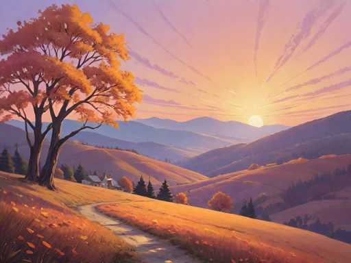 This image is a detailed painting of a serene autumn landscape. The scene is dominated by rolling hills and mountains, with a prominent large tree on the left side, adorned with vibrant orange leaves. The foreground features a winding dirt path that meanders through the grassy hills, leading towards a small white house with a gray roof nestled in the middle of the image. The house is surrounded by a few trees, including some evergreens, and is set against a backdrop of distant mountains. The sky is a mesmerizing blend of pink, purple, and blue hues, with the sun setting on the right side, casting a warm glow over the entire scene. The overall atmosphere is peaceful and picturesque, capturing the essence of a tranquil autumn evening.