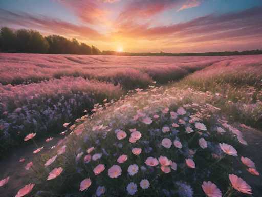 The image depicts a field filled with pink and white flowers at sunset. The sun is setting behind the trees on the left side of the frame, casting a warm glow over the scene. The sky above is painted in shades of orange and pink, creating a beautiful backdrop for the vibrant colors of the flowers below.