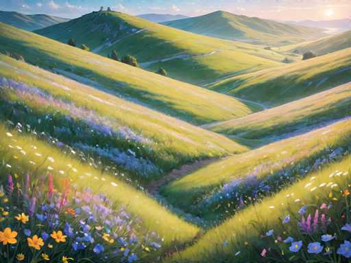 The image depicts a serene landscape with rolling hills covered in lush green grass and wildflowers of various colors including yellow, purple, blue, and white. A winding path meanders through the valley, disappearing into the distance where it meets the horizon line. The sky above is a clear blue with a few clouds scattered across it.
