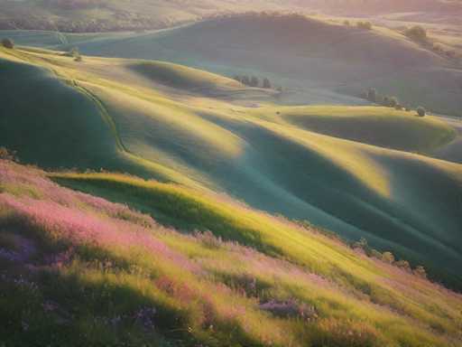 The image shows a picturesque landscape with rolling hills covered in lush green grass and dotted with trees. The perspective is from the top of one of these hills, providing a sweeping view of the surrounding countryside. The colors are predominantly green and yellow, creating a warm and inviting atmosphere.