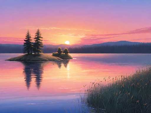 This image is a detailed painting of a serene lake at sunset. The sky is a mesmerizing blend of pink, orange, and purple hues, with the sun setting behind a distant mountain range. The mountains are silhouetted against the vibrant sky, creating a striking contrast. In the foreground, there is a small island with two tall pine trees and a smaller island with three smaller trees. The water of the lake is calm and reflects the colorful sky, creating a mirror-like effect. On the right side of the image, tall grasses and weeds grow along the shore, adding to the natural beauty of the scene. The overall composition captures the tranquil and picturesque essence of a lakeside sunset.