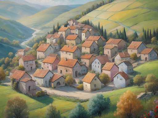 The image depicts a charming, idyllic Italian village nestled in a rolling, sun-drenched landscape. The main subjects are quaint, stone houses with terracotta tile roofs clustered on a hillside, surrounded by lush green fields and distant, hazy mountains. The spatial relationship shows the houses densely packed, creating a sense of community, with pathways winding between them. The art style is painterly and impressionistic, emphasizing soft light and warm colors to evoke a peaceful, pastoral atmosphere.