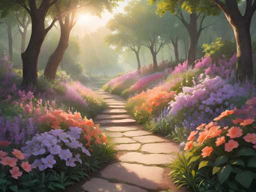 This image is a detailed, computer-generated illustration of a serene forest scene. A winding stone path, made of light brown rectangular stones with patches of grass growing between them, meanders through the center of the image. The path begins at the bottom center and curves gently to the left as it extends into the distance. On either side of the path, vibrant wildflowers in shades of orange, purple, and pink bloom abundantly, creating a colorful carpet of foliage. The flowers are interspersed with green leaves and grass, adding to the lushness of the scene. Towering trees with brown trunks and green leaves frame the path, their branches reaching out over the scene. Sunlight filters through the canopy of trees, casting a warm glow and creating a dappled effect on the path and surrounding flowers. The overall atmosphere is one of tranquility and natural beauty, with the interplay of light and shadow enhancing the depth and realism of the illustration.