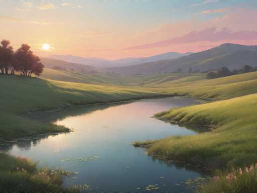 The image depicts a serene landscape with a river flowing through it and mountains rising up on the horizon. The sun is setting behind the mountains, casting a warm glow over the scene. The colors in the painting are predominantly green and blue, creating a peaceful and tranquil atmosphere.