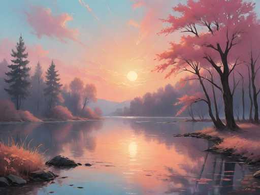 A serene, painterly landscape unfolds with a tranquil river reflecting a vibrant sunset. Soft pink and orange hues dominate the sky, mirrored in the calm water's surface. Silhouetted trees line the banks, their branches adorned with a rosy glow, creating a peaceful, dreamlike atmosphere. The overall style is impressionistic, emphasizing light and color over sharp detail.