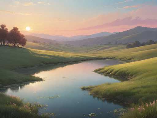 This image is a detailed painting of a serene landscape at either sunrise or sunset. The sky is a blend of blue and pink hues, with the sun positioned low on the horizon, casting a warm glow across the scene. The foreground features a tranquil river or pond, its surface reflecting the sky and dotted with lily pads. Surrounding the water are lush green hills and meadows, interspersed with patches of tall grass and vibrant pink flowers. On the left side of the image, a cluster of trees stands prominently, while more trees are scattered towards the right. In the background, a series of rolling hills and mountains stretch across the horizon, with the farthest peaks appearing grayish. The overall atmosphere is one of peace and natural beauty, capturing the essence of a picturesque countryside.