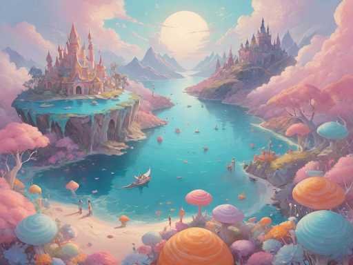 This enchanting, dreamlike scene depicts a fantastical landscape with a vibrant, pastel color palette. The main focus is a serene, winding river flowing through rolling hills dotted with whimsical, oversized mushrooms in shades of pink and blue. A majestic, pastel-colored castle perches on a cliff overlooking the water, while smaller castles dot the distant hills. Several figures are seen leisurely boating on the river and strolling along the shore, adding a touch of peaceful activity. The overall art style is painterly and ethereal, evoking a sense of calm and wonder.