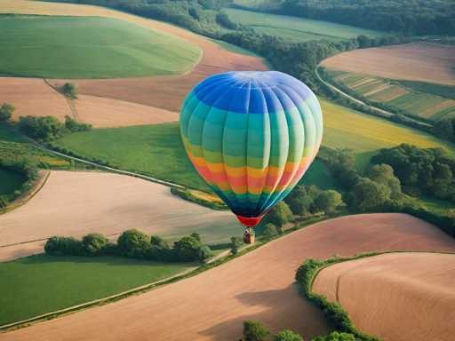 This aerial photograph captures a vibrant hot air balloon floating serenely over a patchwork of farmland. The balloon, positioned centrally in the image, features a striking gradient of colors: a dark blue top, transitioning to a lighter blue, then teal, followed by green, yellow, orange, and finally a red base. The basket beneath the balloon is a dark brown, adding a touch of earthiness to the scene. Surrounding the balloon are vast fields of varying shades of green and brown, interspersed with trees and bushes, creating a mosaic of agricultural landscapes. The fields appear to be plowed, with some areas showing signs of recent cultivation. In the distance, a dense forest forms a natural boundary, its dark green foliage contrasting with the lighter hues of the farmland. The photograph, taken from a high vantage point, possibly by a drone, offers a breathtaking view of the serene countryside and the majestic hot air balloon drifting above it.