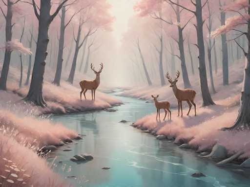 The image depicts two deer standing on a riverbank surrounded by trees and pink flowers. The deer on the left is facing away from the viewer while the one on the right faces towards it. The background features a light blue sky with white clouds, creating a serene atmosphere.