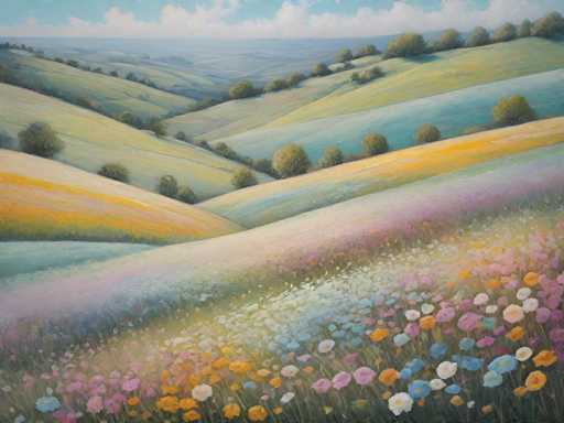 The image depicts a serene landscape painting featuring a vibrant field filled with colorful flowers and trees against a backdrop of rolling hills and mountains. The artist has used a realistic style for the painting, capturing the intricate details of nature's beauty.
