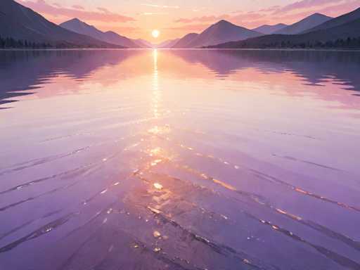 This image captures a serene sunset over a tranquil lake, framed by majestic mountains on both the left and right sides. The sky is painted in a soft palette of pink and orange hues, with wispy clouds scattered across the horizon. The sun, a glowing yellow orb, is positioned just above the mountains, casting a warm, golden light that reflects beautifully on the water's surface. The lake itself is calm, with gentle ripples creating a mesmerizing pattern of light and shadow. The mountains are dark silhouettes against the vibrant sky, their peaks and slopes mirrored in the still water below. The overall scene exudes a sense of peace and natural beauty, with the interplay of light, water, and landscape creating a harmonious and captivating composition.