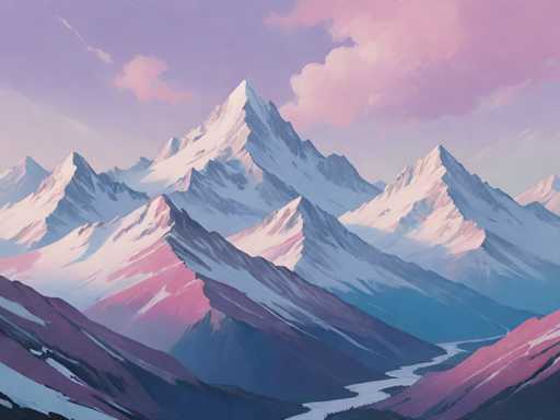 This image is a detailed painting of a majestic mountain range, likely created with oil or acrylic paints. The scene features a series of snow-capped peaks that stretch across the canvas, with the central mountain towering prominently above the rest. The sky above is a blend of soft blue and pink hues, interspersed with fluffy clouds that add depth and texture to the atmosphere. The mountains themselves are depicted in a variety of colors, including shades of pink, blue, and purple, which create a striking contrast against the snowy white caps. A winding river meanders through the base of the mountains, adding a dynamic element to the composition. The overall effect is a serene and captivating landscape that showcases the artist's skill in capturing the beauty and grandeur of nature.