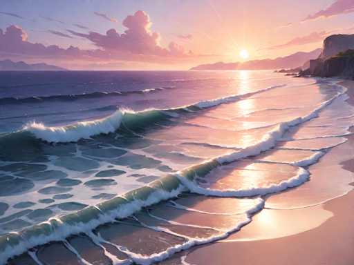 The image depicts a serene beach scene at sunset. The sky is painted with hues of pink and orange, creating a warm glow over the ocean. The sun is setting behind the horizon, casting long shadows on the sandy beach below. The water is a deep blue-green color, reflecting the colors of the sky above. In the distance, there are mountains rising against the horizon line.