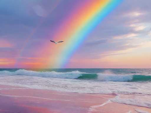 The image depicts a serene beach scene with a vibrant rainbow arching over the ocean and a bird flying above it. The colors of the rainbow are predominantly purple, pink, orange, yellow, green, blue, and white. The sky is painted in shades of light blue, providing a beautiful backdrop to the colorful spectacle. The water below mirrors this color palette, with waves crashing onto the shore.