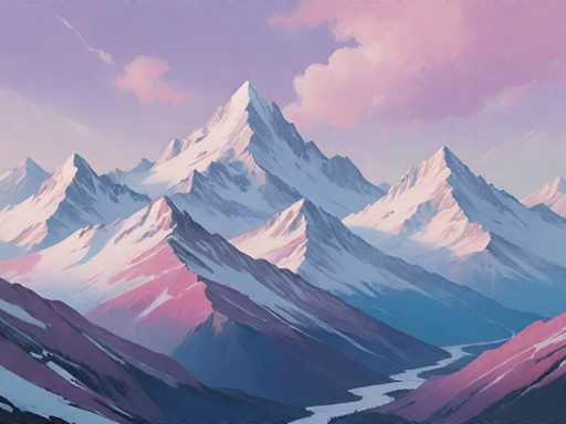 The image depicts a mountain range with snow-capped peaks against a backdrop of pink and purple hues. The mountains are depicted in a realistic style, showcasing their grandeur and majesty. A river meanders through the valley below, adding depth to the scene. The sky above is painted in shades of blue and white, providing a serene contrast to the rocky terrain below.