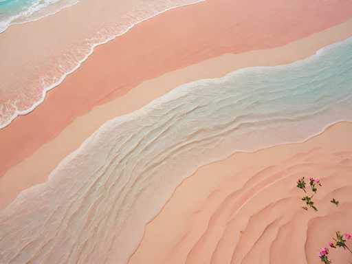 This image captures a serene beach scene from an aerial perspective, showcasing the intricate interplay of sand and water. The beach is divided into three distinct layers of sand, each with a unique color and texture. The topmost layer is a light pinkish hue, followed by a middle layer of darker pink sand, and the bottom layer is a light peach color. Gentle waves from the ocean lap at the shore, creating a white foam that contrasts beautifully with the pink sand. The water itself is a clear, light blue, adding to the tranquil atmosphere. In the bottom right corner of the image, delicate pink flowers with green stems and leaves add a touch of natural beauty to the scene. The overall composition is a harmonious blend of soft colors and textures, highlighting the natural beauty of the beach.