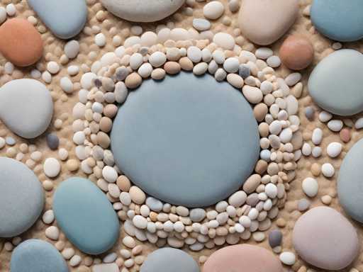 The image depicts a meticulously arranged collection of variously colored and sized stones, resembling a beach scene. At the center of the composition is a large, light blue stone, surrounded by a circular arrangement of smaller stones in shades of white, light brown, and light gray. Beyond this circle, the stones become more diverse in color, featuring peach, orange, pink, and darker blue hues. The entire arrangement is set against a light brown background that resembles sand, enhancing the beach-like aesthetic. The stones vary in size, with the central stone being the largest, and the surrounding stones decreasing in size as they radiate outward. The overall effect is a visually pleasing, circular pattern that draws the eye to the center.