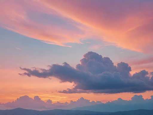 The image shows a breathtaking sunset over a mountain range. The sky is painted with hues of pink and orange, creating a stunning backdrop for the clouds that dot it. The clouds appear as fluffy white puffs against the vibrant colors of the sky. In the foreground, there are mountains rising up from the earth, their peaks touching the sky at varying heights. The image is taken from a low angle, looking upwards towards the sky and mountains, giving a sense of grandeur to the scene.
