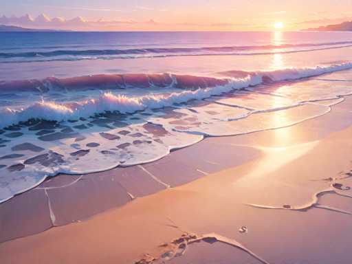 A stunning sunset over a serene beach captures the essence of tranquility. The sky is painted in a mesmerizing palette of orange, pink, and purple hues, with wispy clouds scattered across the horizon. The sun, a glowing orb, hovers just above the waterline, casting a warm, golden light that reflects off the gentle waves. The ocean stretches out to meet the shore, where the water is a deep blue, gradually lightening as it approaches the sandy beach. The waves roll in, creating white foam as they break, leaving behind a glistening trail on the wet sand. The beach itself is a smooth expanse of tan sand, marked only by footprints that hint at recent visitors. The overall scene is one of peaceful beauty, with the interplay of light and water creating a harmonious and captivating landscape.