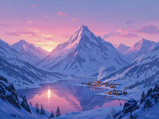 A serene, snow-covered mountain village nestled beside a calm lake under a vibrant sunset. The main elements are the quaint houses with glowing windows, reflecting on the still water, and the majestic snow-capped mountains in the background. The spatial relationship shows a sense of depth with the village in the foreground and the mountains receding into the distance. The art style is a beautiful, painterly digital illustration with soft lighting and a warm color palette, evoking a peaceful, winter wonderland atmosphere.