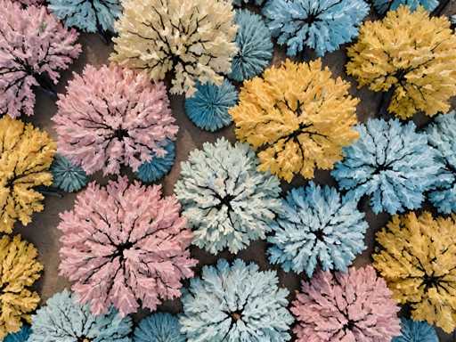 The image shows a close-up view of a collection of flowers arranged in various sizes and colors against a brown background. The flowers include pink, yellow, blue, and green hues, creating a vibrant and diverse display.