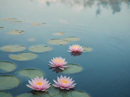 This captivating photograph showcases a serene pond adorned with an array of natural elements. The pond's surface is a mesmerizing blend of blue and green hues, creating a tranquil atmosphere. Scattered across the water are numerous lily pads, their green surfaces punctuated by small holes, adding texture to the scene. 

In the foreground, four delicate pink flowers with vibrant yellow centers stand out, their petals gracefully fanning out. These blossoms are positioned in a line, with two at the bottom of the image and two slightly above them, drawing the viewer's eye. 

The background of the photograph is slightly blurred, revealing a faint reflection of the surrounding trees on the pond's surface. This subtle detail adds depth to the image, enhancing its overall composition. The photograph is devoid of any text, allowing the natural beauty of the pond to speak for itself.