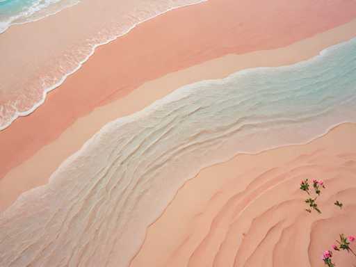 The image shows an aerial view of a beach scene with pink and white sand. The water is light blue-green, and the sky above is a pale yellow color. There are two small pink flowers in the foreground on the right side of the photo.