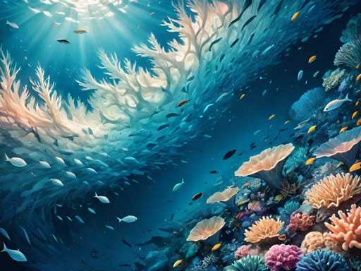 This vibrant underwater scene, possibly a painting or digital artwork, captures the mesmerizing beauty of the ocean depths. The image is dominated by a rich tapestry of marine life and flora. In the top left corner, sunlight pierces through the water, casting a radiant glow that illuminates the entire scene. Below this, a school of white fish swims gracefully, accompanied by smaller yellow fish darting around. The ocean floor is adorned with a diverse array of corals and sea plants, including pink, blue, and orange varieties, as well as white and peach-colored coral formations. The corals are particularly concentrated in the bottom right corner, where they create a colorful contrast against the darker blue hues of the water. The scene is further enriched by the presence of various fish species, including some with black and white markings, adding to the dynamic and lively atmosphere of this underwater paradise.