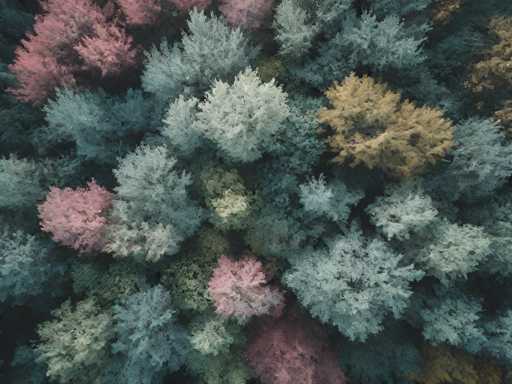 The image shows an aerial view of a forest with trees exhibiting various shades of green and pink. The trees are densely packed together, creating a sense of depth and complexity. The perspective is from above, providing a bird's eye view of the forest below.