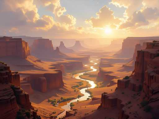 This image captures a breathtaking view of the Grand Canyon at sunset. The sky is a brilliant blue, adorned with fluffy white clouds that are illuminated by the sun's warm, golden light. The sun itself is partially obscured by clouds, casting a radiant glow that enhances the scene's natural beauty. The canyon's vast expanse is filled with towering rock formations, their rugged surfaces bathed in the soft, golden hues of the setting sun. A winding river snakes through the canyon floor, its path reflecting the sunlight and adding a shimmering element to the landscape. The riverbanks are dotted with patches of green vegetation, providing a striking contrast to the predominantly brown and golden tones of the canyon. The overall composition is a stunning portrayal of nature's grandeur, showcasing the majestic beauty of the Grand Canyon in its most picturesque light.