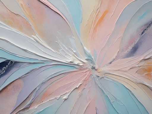 The image shows an abstract painting with a large central flower-like shape filled with a gradient of colors from light pink at the center to dark blue on the outer edges. The background is a solid beige color that contrasts with the vibrant hues of the painting.