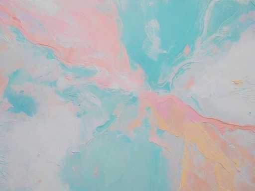 The image shows an abstract painting with a vibrant color palette featuring shades of pink and blue. The painting is predominantly white, with splashes of pink and blue throughout the canvas. The brushstrokes are loose and fluid, adding a sense of movement to the piece. The background appears to be a light gray color, providing a neutral backdrop that allows the colors in the foreground to stand out.