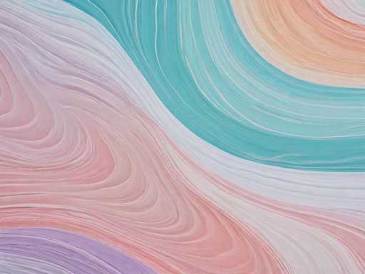 This image is a detailed photograph of an abstract painting, characterized by its swirling, circular patterns and vibrant color palette. The painting features a series of concentric circles that radiate outward from the center, creating a dynamic visual effect. The color scheme includes a spectrum of hues: starting with a light blue in the top left corner, transitioning to a darker blue, then to a peachy orange, and finally to a pinkish-red towards the bottom. The bottom left corner of the painting is predominantly purple, while the top right corner showcases a lighter, almost white shade. The entire composition is devoid of any text, focusing solely on the interplay of colors and shapes. The painting's abstract nature and the blending of colors suggest a fluid, almost water-like quality, making it a visually captivating piece.