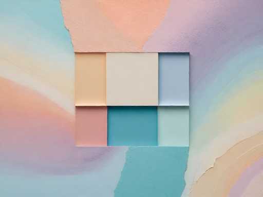 The image depicts a vibrant, abstract painting with a dynamic background of swirling colors, including shades of blue, pink, purple, yellow, and orange. The background appears to be created with a palette knife technique, giving it a textured, almost three-dimensional quality. In the center of the painting, there is a rectangular cutout divided into six smaller rectangles, each painted in distinct colors: peach, white, light blue, light green, darker blue, and a pinkish hue. These smaller rectangles are arranged in two rows of three, creating a focal point that contrasts with the colorful chaos of the background. The overall composition is visually striking, with the interplay of colors and textures drawing the viewer's eye to the central geometric arrangement.