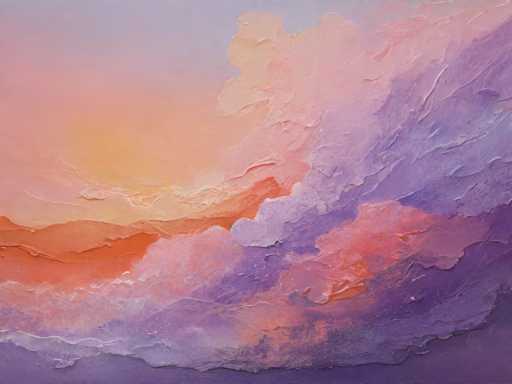 This image is a detailed, textured painting that evokes the serene beauty of a sunset. The artwork features a blend of vibrant colors, including shades of purple, pink, orange, yellow, and blue, which are skillfully layered to create a sense of depth and movement. The top left corner of the painting is dominated by a light blue hue, transitioning into a warm orange and yellow gradient that suggests the setting sun. The middle section of the painting showcases a mix of purple and pink tones, while the bottom right corner is characterized by darker shades of purple, almost approaching black. The entire composition is rendered in a thick, textured style, with visible brush strokes that add to the painting's tactile quality. The interplay of colors and textures creates a harmonious and captivating visual experience, making it a stunning piece of art.