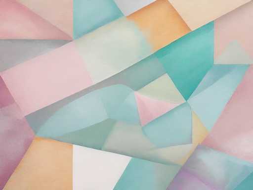 This image is a detailed photograph of an abstract painting, likely created with watercolor or oil paint. The composition features a variety of geometric shapes, including triangles, rectangles, and squares, all intricately arranged to form a cohesive whole. The color palette is diverse, incorporating shades of pink, peach, orange, yellow, green, blue, purple, and white. The painting has a dynamic quality, with some areas appearing to have drips or blends of colors, adding to its abstract nature. The overall effect is visually striking, with the interplay of shapes and colors creating a harmonious yet complex piece of art.