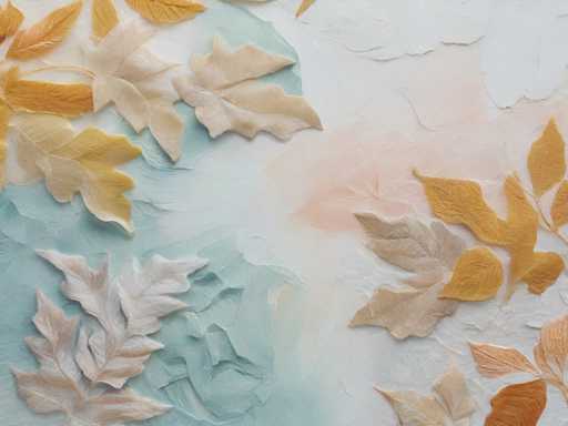 This image showcases a detailed and textured artwork, likely a painting or mixed media piece, featuring an array of autumn leaves. The background is predominantly white, with subtle hints of light blue and pink, creating a soft, ethereal atmosphere. The leaves, which appear to be crafted from paper or possibly fabric, are meticulously arranged and vary in color, ranging from pale yellow and light orange to deeper shades of brown and pink. The leaves are distributed across the canvas, with clusters in the top left, bottom left, and bottom right corners, while the top right corner remains mostly clear. The overall composition is visually striking, with the leaves creating a sense of movement and depth, as if they are gently falling or floating in a serene autumn breeze.