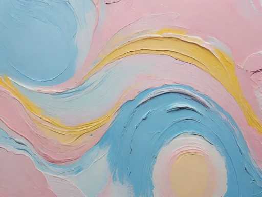The image shows an abstract painting with a vibrant color palette featuring shades of pink and blue. The artwork is characterized by a wavy pattern that adds dynamism to the piece. The artist's signature can be seen in the bottom right corner.