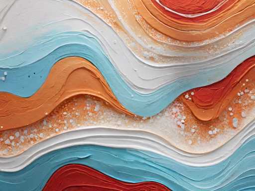 This image showcases an abstract painting with a rich, textured surface. The artwork features a series of wavy, layered patterns that resemble the undulating waves of an ocean. The color palette is vibrant, with a sequence of hues flowing from top to bottom: starting with white, transitioning into light blue, then orange, followed by a darker orange, and finally culminating in a deep red at the bottom. The painting's surface is adorned with various white specks, which appear to be salt-like crystals, adding a tactile dimension to the visual experience. The overall composition is dynamic, with the colors and textures blending seamlessly to create a harmonious yet striking abstract piece.