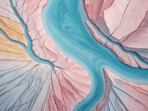 This image is a detailed painting of a landscape, featuring a prominent river that flows from the top center, curves to the right, and then splits into two branches towards the bottom. The river is depicted in a light blue hue, with swirling patterns that suggest movement. Surrounding the river, the landscape is divided into various colored sections. The top right corner is predominantly pink, while the top left corner transitions from pink to yellow and then to gray. The bottom left corner is entirely gray, and the bottom right corner combines pink and gray tones. The entire scene is characterized by intricate lines that resemble veins or cracks, adding texture and depth to the painting. The overall composition is abstract, with no distinct objects, focusing solely on the interplay of colors and patterns.