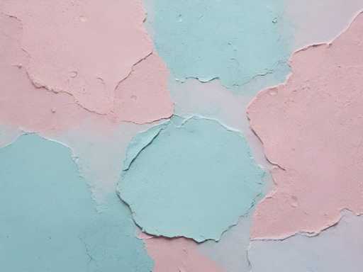 This image depicts a textured wall with a patchwork of pastel colors. The wall is divided into four sections, each painted in a different hue: pink, light blue, light purple, and a darker pink. The paint appears to have been applied in layers, creating a somewhat uneven surface with visible cracks and crevices. The pink sections are located in the top left and bottom right corners, while the light blue sections occupy the top right and bottom left corners. The light purple section is situated in the bottom right corner. The overall effect is reminiscent of a child's drawing, with its simple yet vibrant color palette and textured finish.