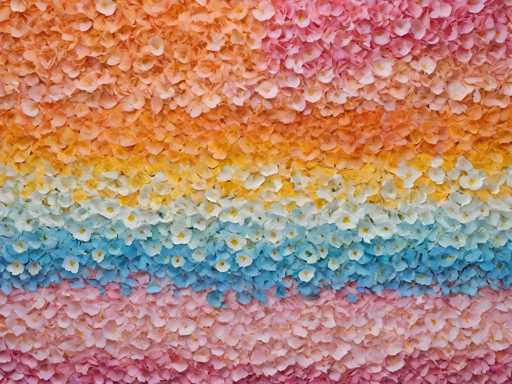 The image shows an abstract art piece composed of small flower petals arranged in a grid-like pattern against a gray background. The colors used for the flowers vary from pink and orange to blue and green, creating a vibrant and colorful display.