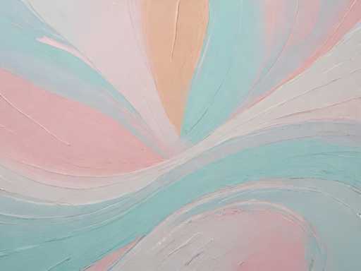This image features an abstract painting characterized by a dynamic array of colors and textures. The composition is dominated by sweeping, wave-like patterns that flow from the bottom left corner, curving upwards and to the right, creating a sense of movement and fluidity. The palette includes a harmonious blend of light blue, white, pink, and peach hues. These colors intermingle in a way that suggests the artist may have used a palette knife to create layered, textured effects. The interplay of these colors evokes the imagery of ocean waves or perhaps even a stylized representation of a flower. The overall effect is one of serene yet vibrant abstraction, with no discernible objects or text, allowing the viewer to focus entirely on the interplay of colors and forms.