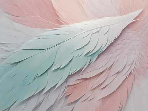 This image features a detailed, close-up view of a feathered surface, possibly a painting or a photograph. The background is composed of numerous layers of feathers in varying shades of pink, from light to dark, creating a textured and layered effect. The feathers are arranged in a circular pattern, with the outer layers being more pink and the inner layers transitioning to a light blue or teal color. The central focus of the image is a prominent, large feather that starts white at the base and gradually transitions to a light blue or teal hue towards the tip. This feather is positioned diagonally, extending from the bottom left to the top right of the image. The intricate details of the feather's barbs and barbules are clearly visible, adding to the overall texture and depth of the composition.