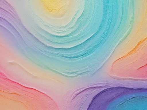This image showcases a vibrant, abstract painting characterized by swirling patterns and a rich palette of colors. Dominating the center is a large, circular swirl that begins with a yellow hue at the top, gradually transitioning to white, then light blue, and finally a darker blue towards the bottom. Surrounding this central swirl are additional swirling patterns in various colors: the bottom left features a blend of pink and orange, while the bottom right displays a mix of purple and blue. The top left corner is adorned with a blend of purple and blue, and the top right corner transitions from yellow to orange. The entire composition is set against a white background, enhancing the vividness of the colors and the intricate swirls that resemble the effect of oil on water. The painting's abstract nature and dynamic swirls create a visually captivating and harmonious piece.