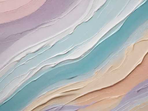 This image features a close-up view of layered paint on a canvas, showcasing a variety of colors and textures. The layers are arranged diagonally from the top left to the bottom right, creating a visually striking composition. Starting from the top, the colors transition from a light pink to a darker pink, followed by a purple layer. Below the purple, there's a white layer, then a light blue, and another white layer. The sequence continues with a darker blue, a peach or tan color, and finally, a light purple layer at the bottom right. The paint appears to have been applied in broad, sweeping strokes, with visible brush marks and textured areas, giving the impression of a thick application. The overall effect is reminiscent of a layered cake or a close-up of a watercolor painting, with the colors blending seamlessly into one another.